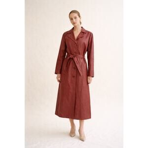 Vintage 90s Metro Style Genuine Leather Trench Coat Size L Red Belted Classic